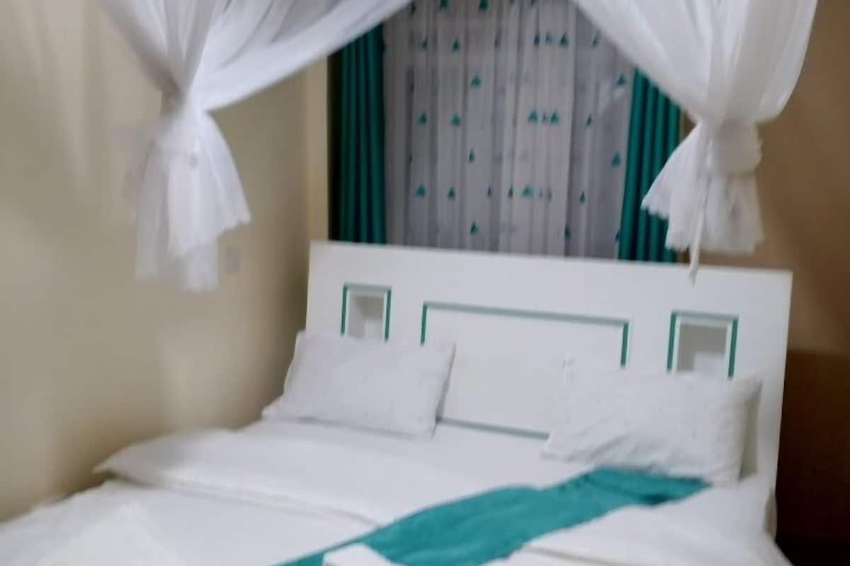 A neatly made bed with white linens and a teal accent, a white canopy, and a window with curtains.