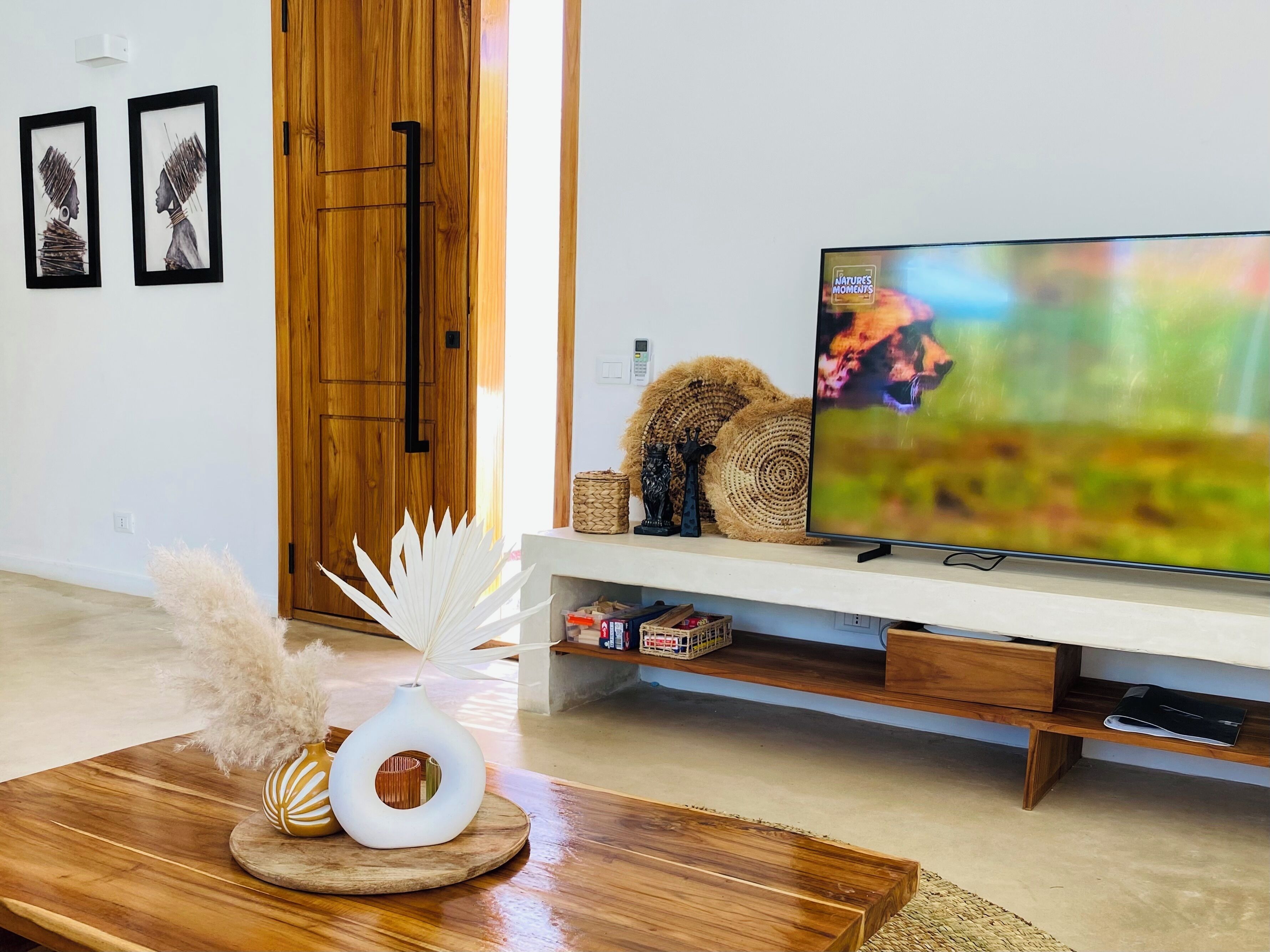 A modern living room with a wooden floor, a TV on a white stand, a wooden coffee table with decorative items, and a wooden door.