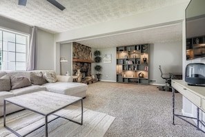 TV, fireplace, offices - Northern Atlanta Retreat | Cozy 4 Bedroom (Marietta)