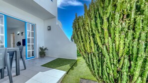 Une terrasse extérieure moderne, avec un bâtiment blanc, des portes à cadre bleu, un cactus et une petite pelouse.