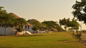 A rural setting with thatched-roof huts and a grassy field.