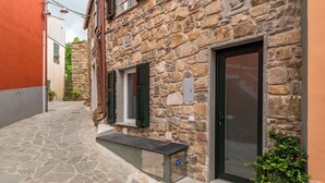 A narrow stone-paved street with a stone building featuring a green door and shutters. - Lily ancient stone mansion dating back to the 1400s (Volastra)