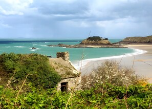 A coastal landscape with a sandy beach, rocky outcrops, and lush greenery.