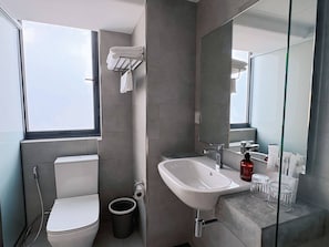 Regadera, secadora de cabello, toallas, jabón