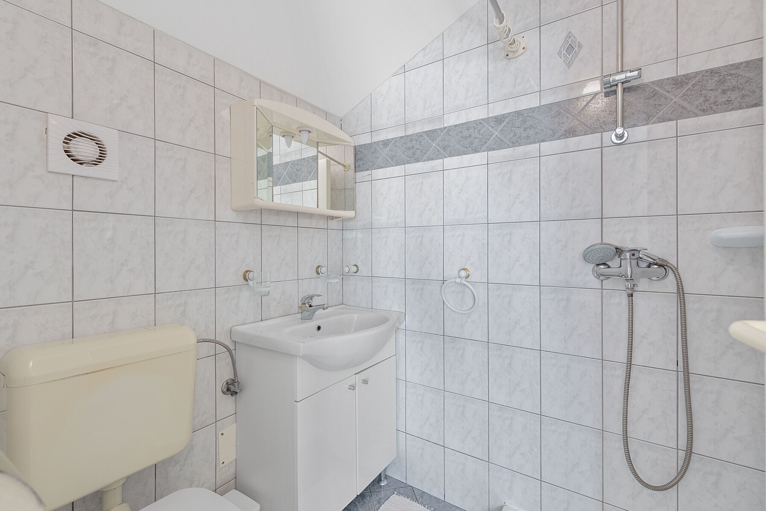 Un baño con inodoro, lavamanos, espejo, ducha y paredes con azulejos.