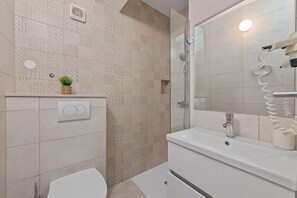 Shower, hair dryer, towels