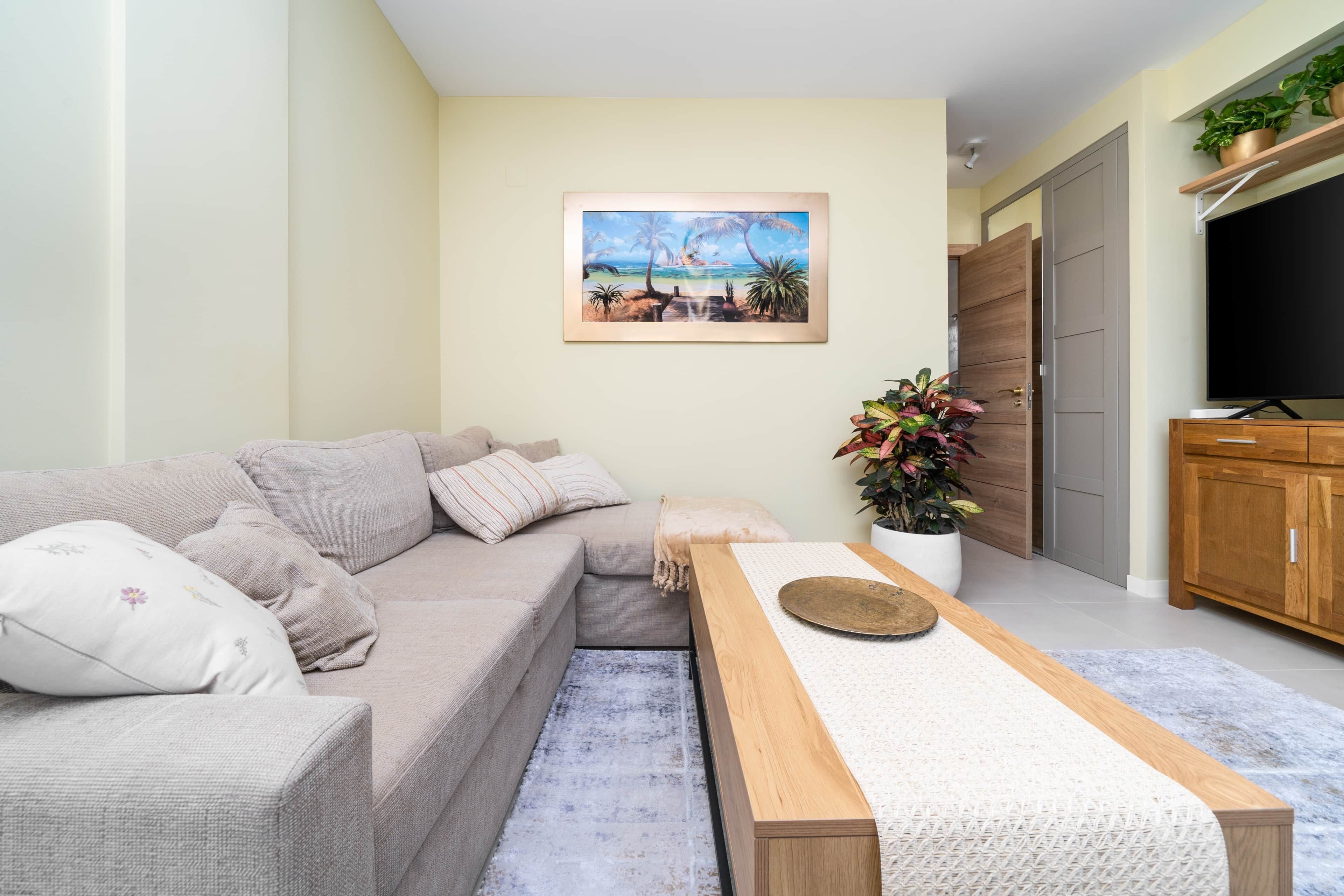 A living room with a sofa, a coffee table, a painting, a TV, and a potted plant.