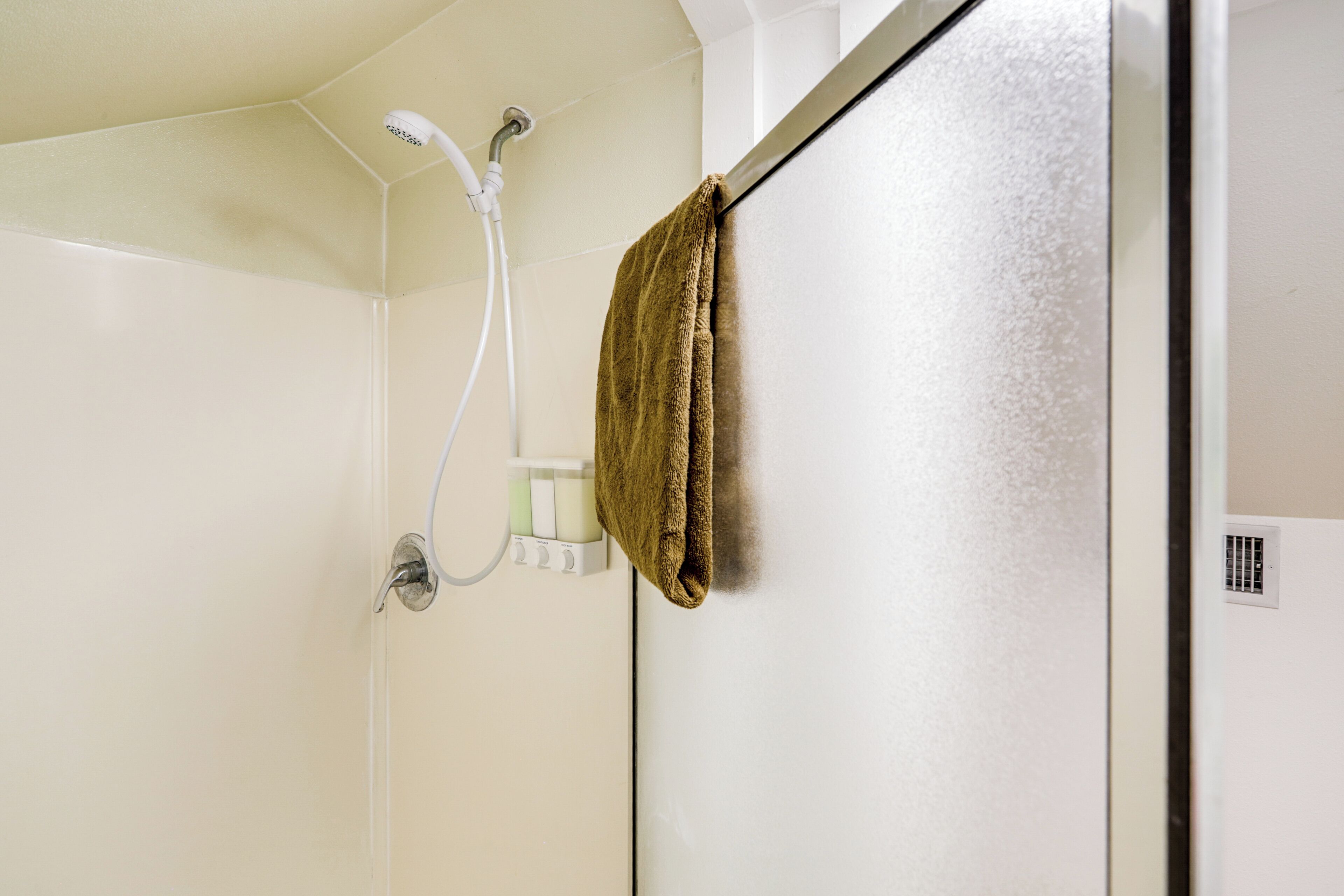 Une salle de bain équipée d’une douche, d’un porte-serviettes et d’un distributeur de savon.