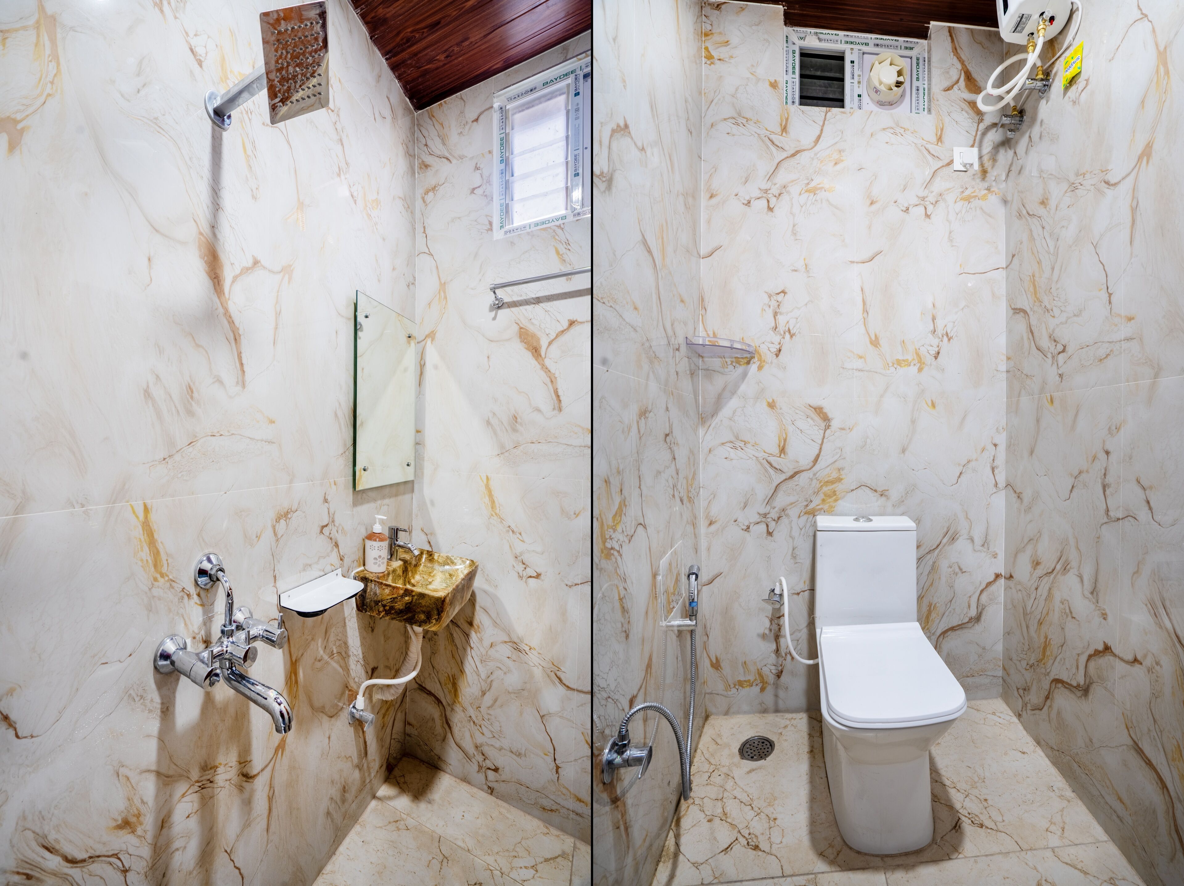 A bathroom with a marble floor, a sink, a toilet, and a shower.