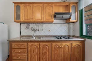 Fridge, microwave, stovetop, coffee/tea maker