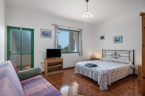 A bedroom with a bed, a TV on a stand, a window with curtains, and a green door. - Apartment 'Apartamento Nayara C' with Sea View, Shared Terrace and Wi-Fi (Valle Gran Rey)