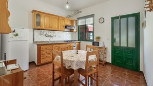 Een keuken met houten kastjes, een eettafel met stoelen, een koelkast en een groene deur.