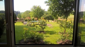 A view through a window of a well-maintained garden with various plants and a paved path. - Apartment 'East, 48 sqm' with Shared Terrace, Shared Garden and Wi-Fi (Weilheim)