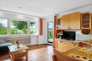 Televisie, een dvd-speler, een tafeltennistafel en een stereo