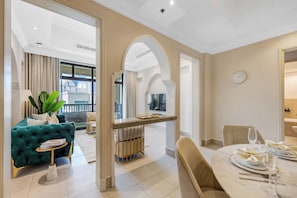 In-room dining - Durrani Homes - Luxe Living at Souk Al Bahar with Burj Khalifa and partial Fountain view (Dubai)