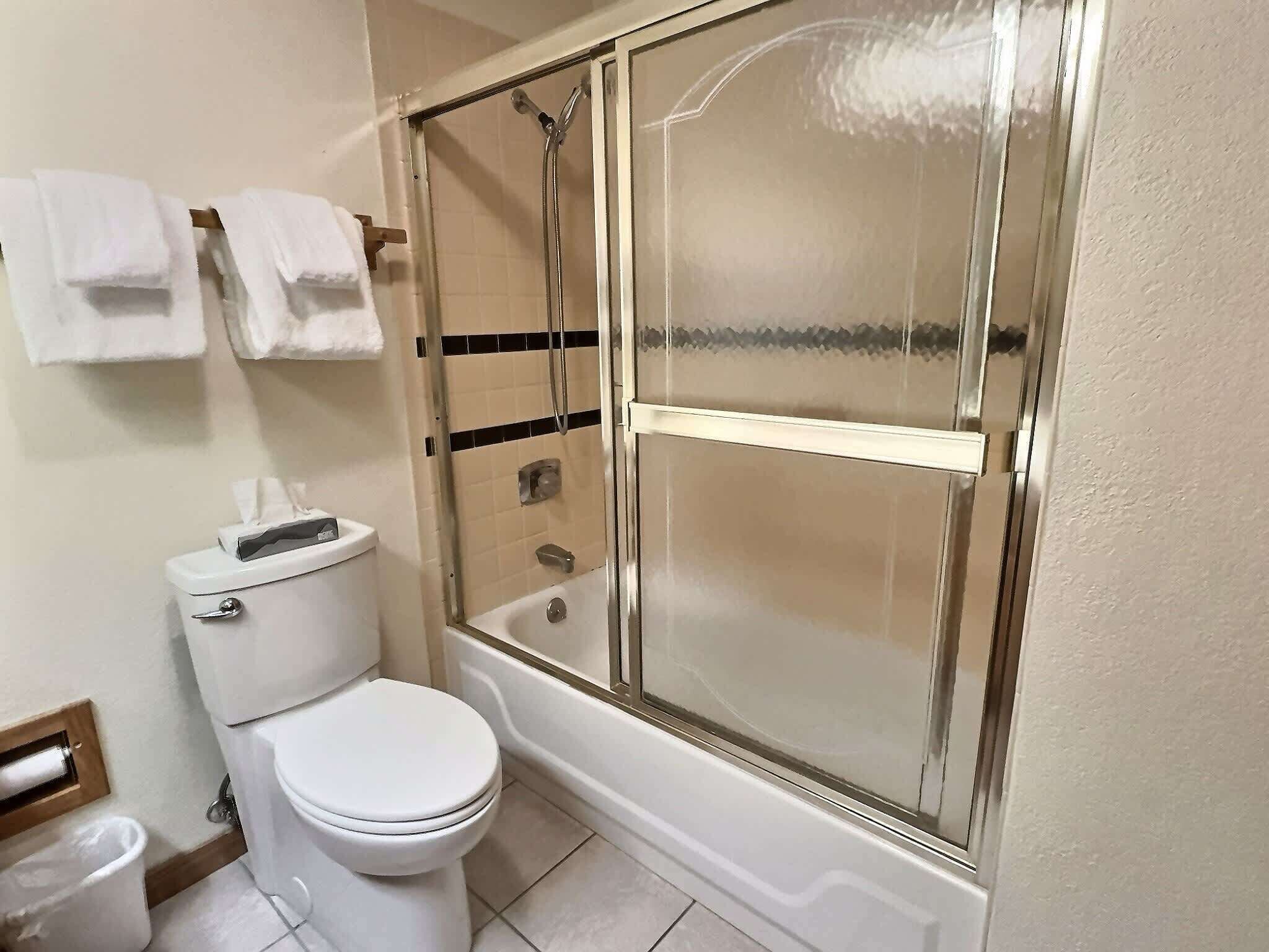 A bathroom with a toilet, a shower enclosure, and a bathtub.