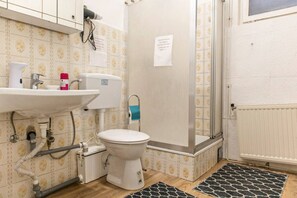 Shower, hair dryer, soap, shampoo