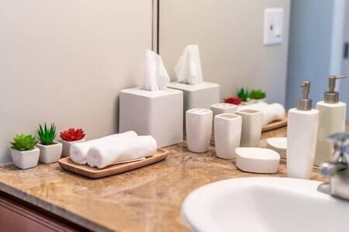 Un baño con encimera de mármol, lavamanos blanco, espejo, caja de pañuelos, dispensador de jabón y pequeñas plantas en macetas.