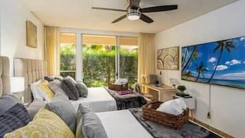 Standaard appartement, 2 queensize bedden, uitzicht op tuin | Uitzicht op de tuin