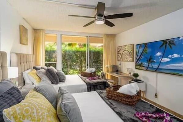 Standaard appartement, 2 queensize bedden, uitzicht op tuin | Uitzicht op de tuin