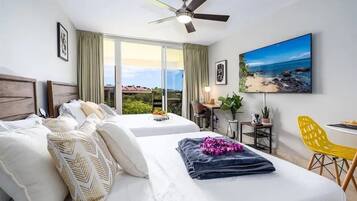 Deluxe appartement, 2 queensize bedden, airconditioning, uitzicht op zee | Lakens van Egyptisch katoen, luxe beddengoed