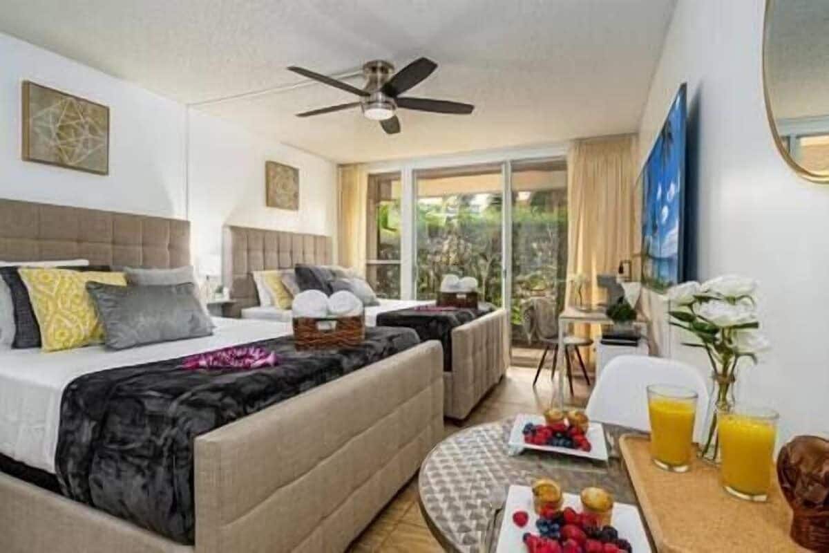 Standard Apartment, 2 Queen Beds, Garden View | Desk, laptop workspace, blackout drapes, iron/ironing board