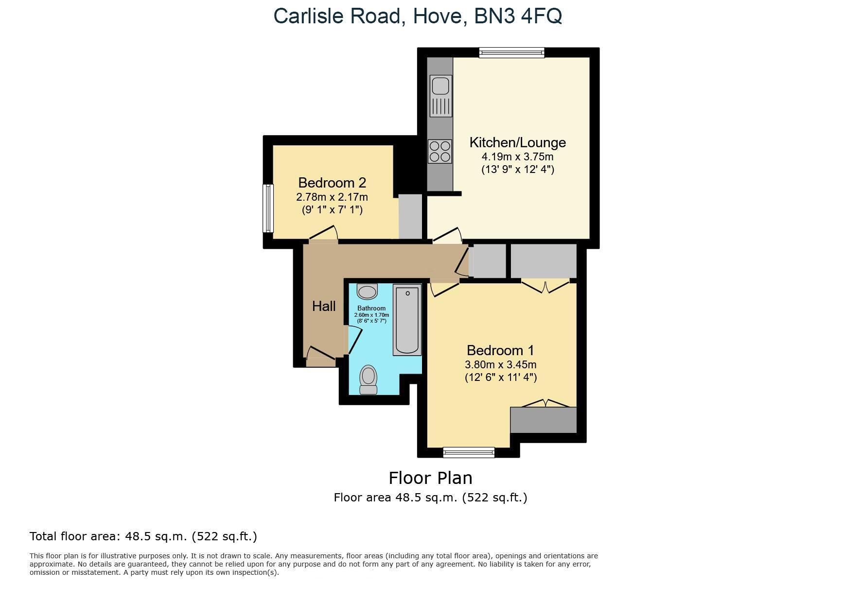 Een plattegrond van een huis met twee slaapkamers, een keuken/woonkamer, een badkamer en een hal.