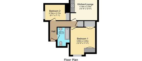 Een plattegrond van een huis met twee slaapkamers, een keuken/woonkamer, een badkamer en een hal.