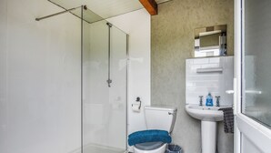 A bathroom with a glass-enclosed shower, a toilet, and a sink. - The Owl Pod - UK50070 (Welshpool)