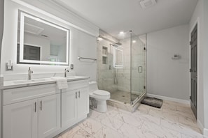 Hair dryer, towels, soap, shampoo