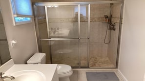 A bathroom with a glass-enclosed shower, a toilet, and a sink.