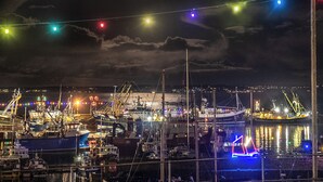 Un puerto deportivo de noche con barcos amarrados, iluminado por luces colgantes y luces de la ciudad al fondo.
