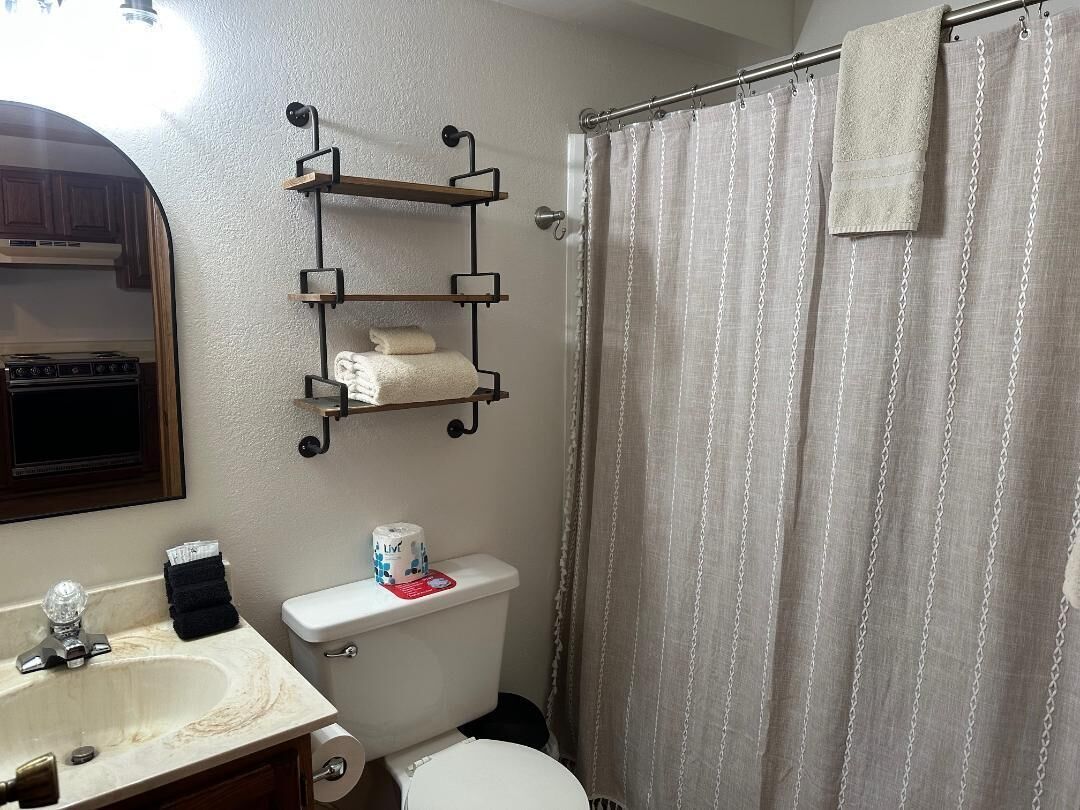 Un baño con inodoro, lavamanos y cortina de ducha.