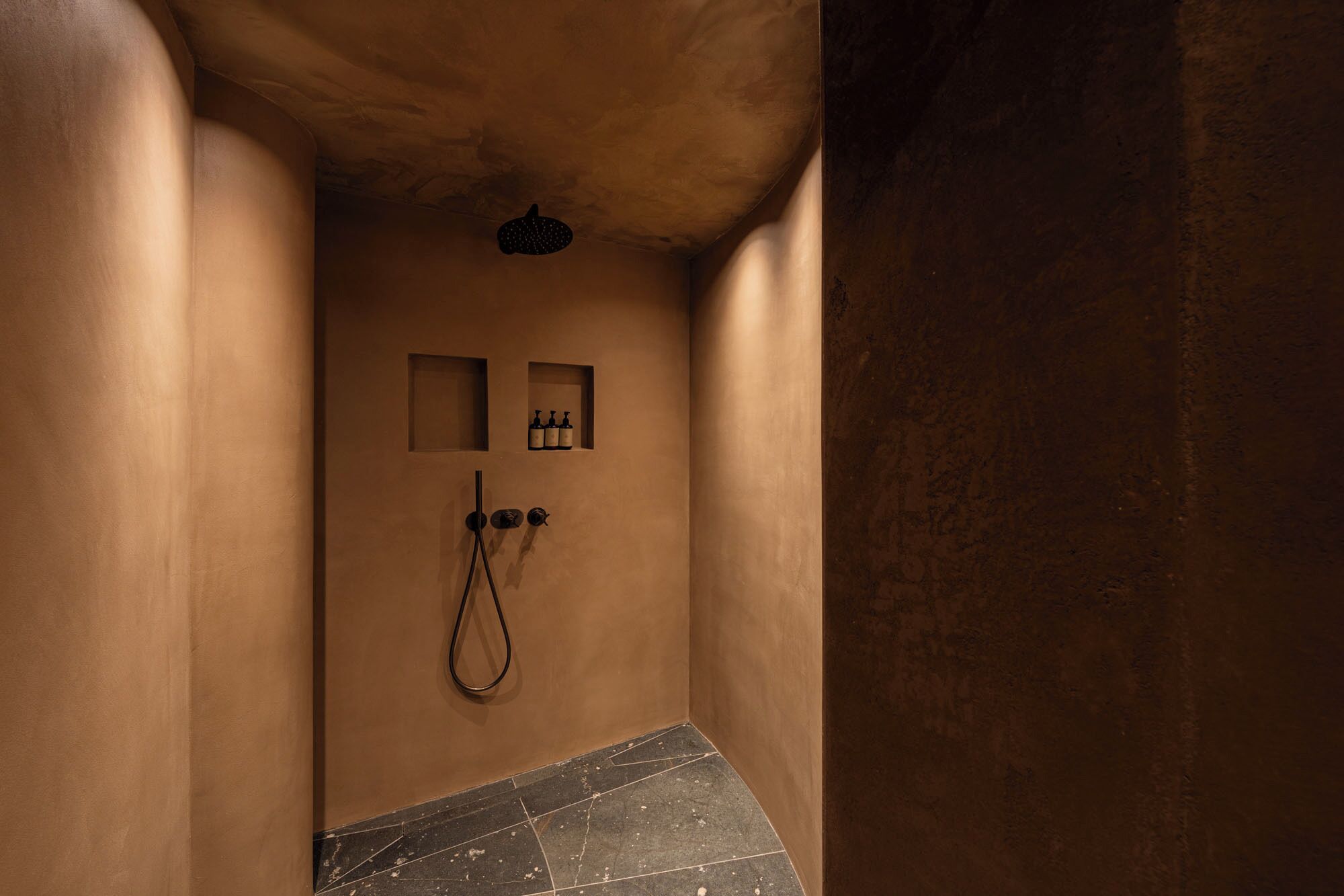 Un baño estrecho y poco iluminado con ducha, toallero y repisa con botellas.