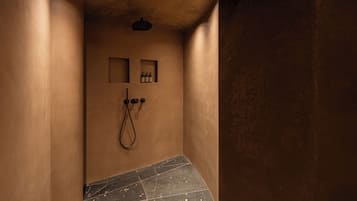 Un baño estrecho y poco iluminado con ducha, toallero y repisa con botellas.