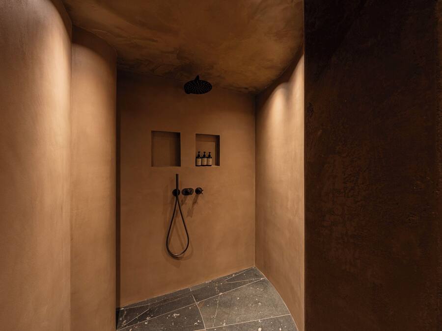 Un baño estrecho y poco iluminado con ducha, toallero y repisa con botellas.