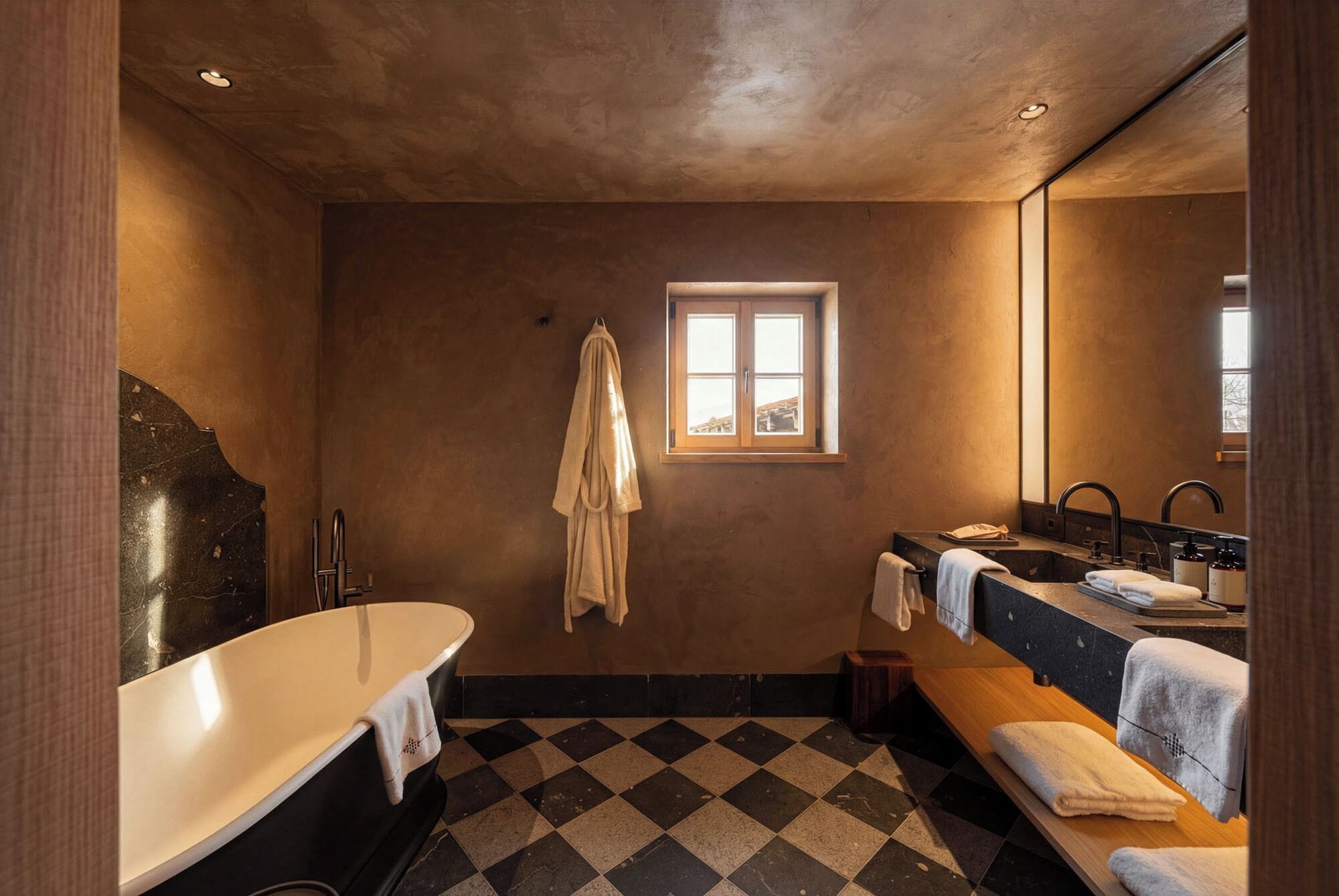 A bathroom with a checkered floor, a bathtub, a sink, and a window.