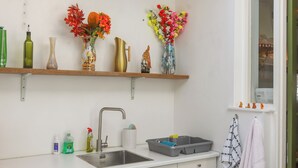 Cozinha com pia de aço inoxidável, escorredor de louça e diversos utensílios sobre o balcão. Duas prateleiras acima da pia exibem vasos decorativos e garrafas.