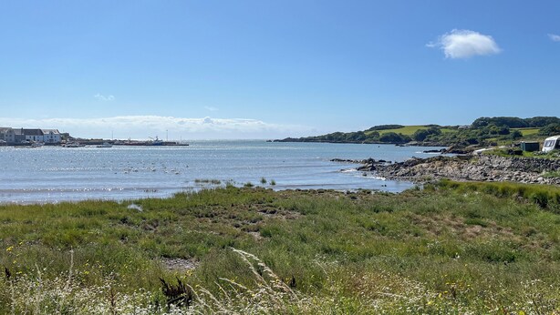 Un paisaje costero con cielo despejado, costa rocosa y una vista distante de un puerto con barcos y edificios.