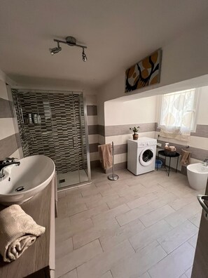 Hair dryer, towels, soap, toilet paper