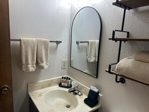 Hair dryer, towels, shampoo