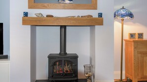 En brændeovn med glaslåge, et spejl over og en blå lampe ved siden af.