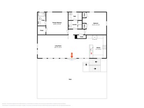 A floor plan with a living room, primary bedroom, bathroom, kitchen, and deck. - West Bay Getaway | Canal Front, Water Views (Galveston)