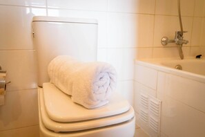 Shower, hair dryer, towels, shampoo