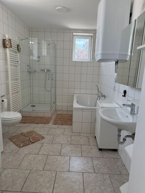 Secadora de cabello, toallas, jabón, papel de baño 