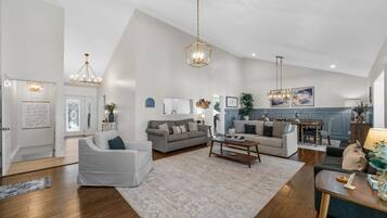 TV, fireplace, books, offices