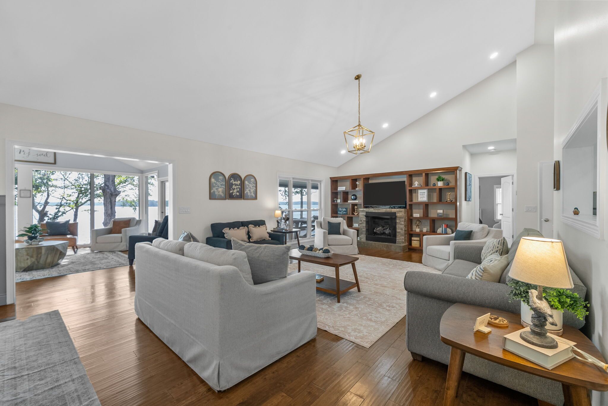 TV, fireplace, books, offices