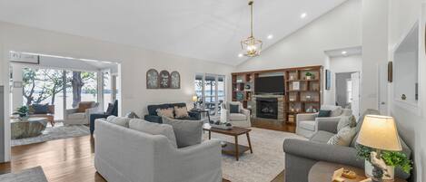 TV, fireplace, books, offices