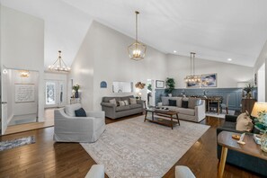 Télévision, cheminée, livres, espaces bureaux