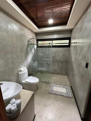 Hair dryer, towels, soap, toilet paper